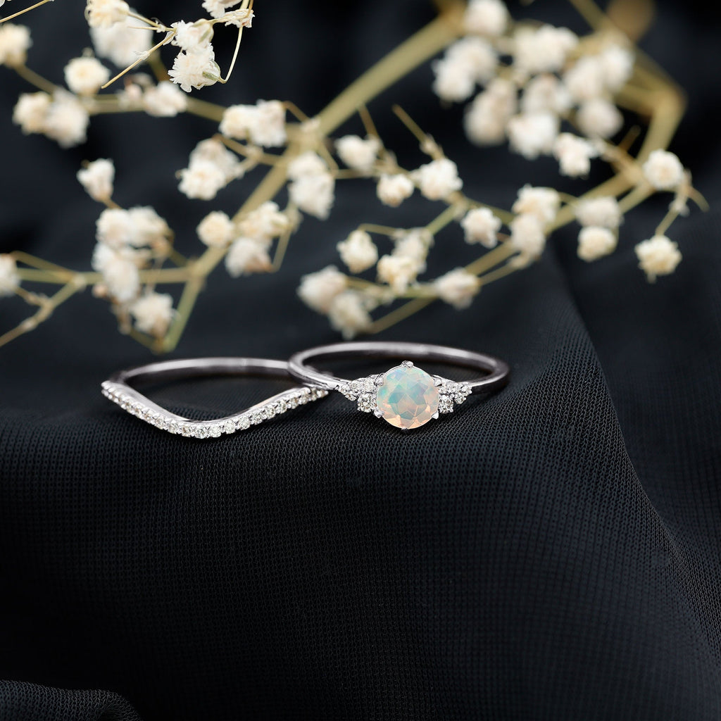 Natural Ethiopian Opal Diamond Wedding Bridal Ring Set of 2