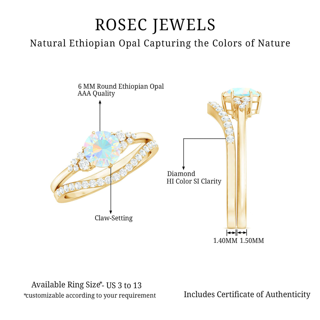Natural Ethiopian Opal Diamond Wedding Bridal Ring Set of 2