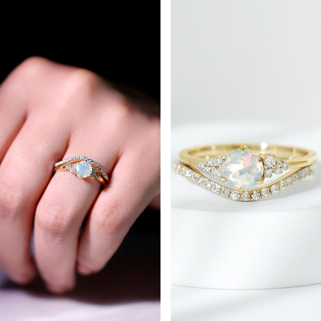 Natural Ethiopian Opal Diamond Wedding Bridal Ring Set of 2