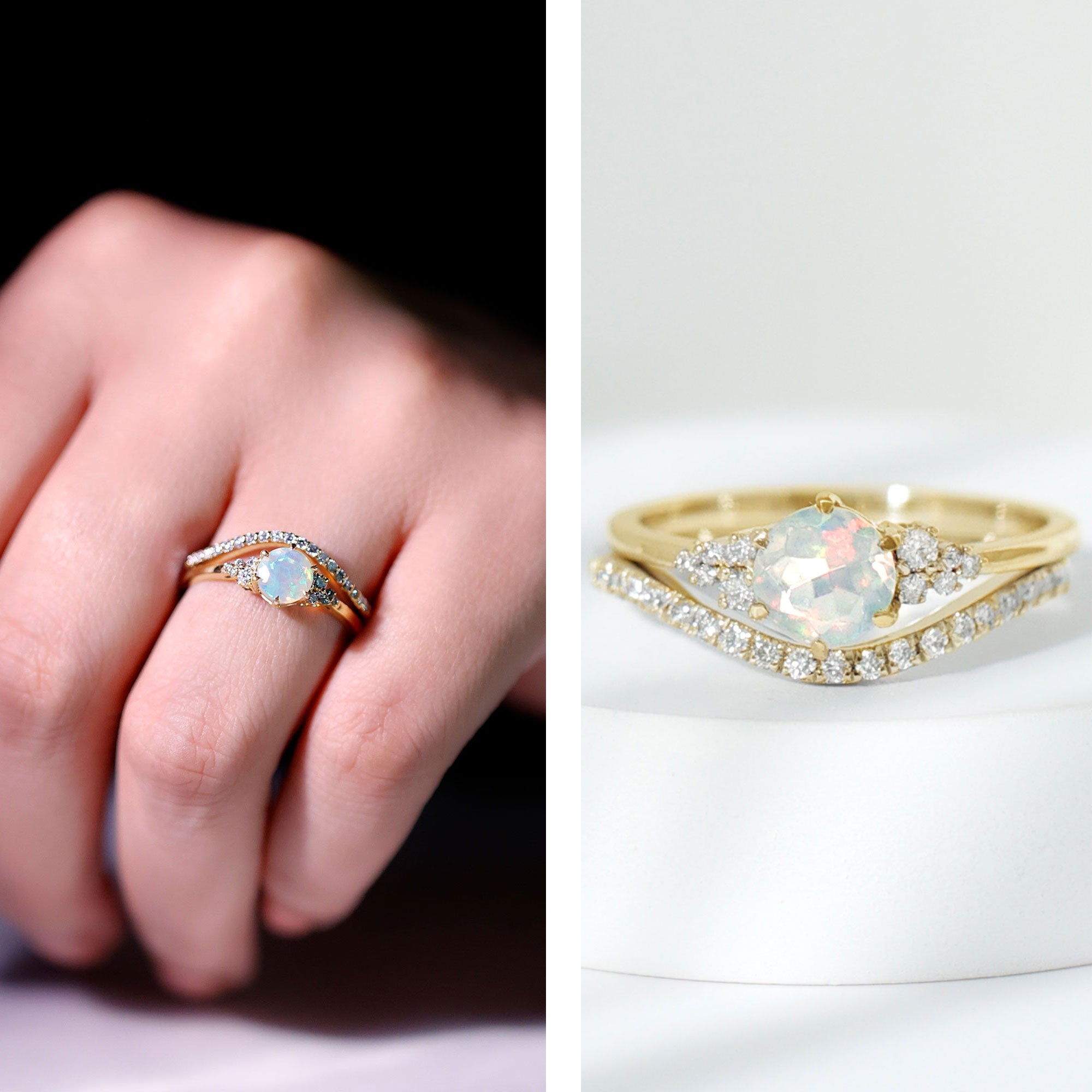 Natural Ethiopian Opal Diamond Wedding Bridal Ring Set of 2