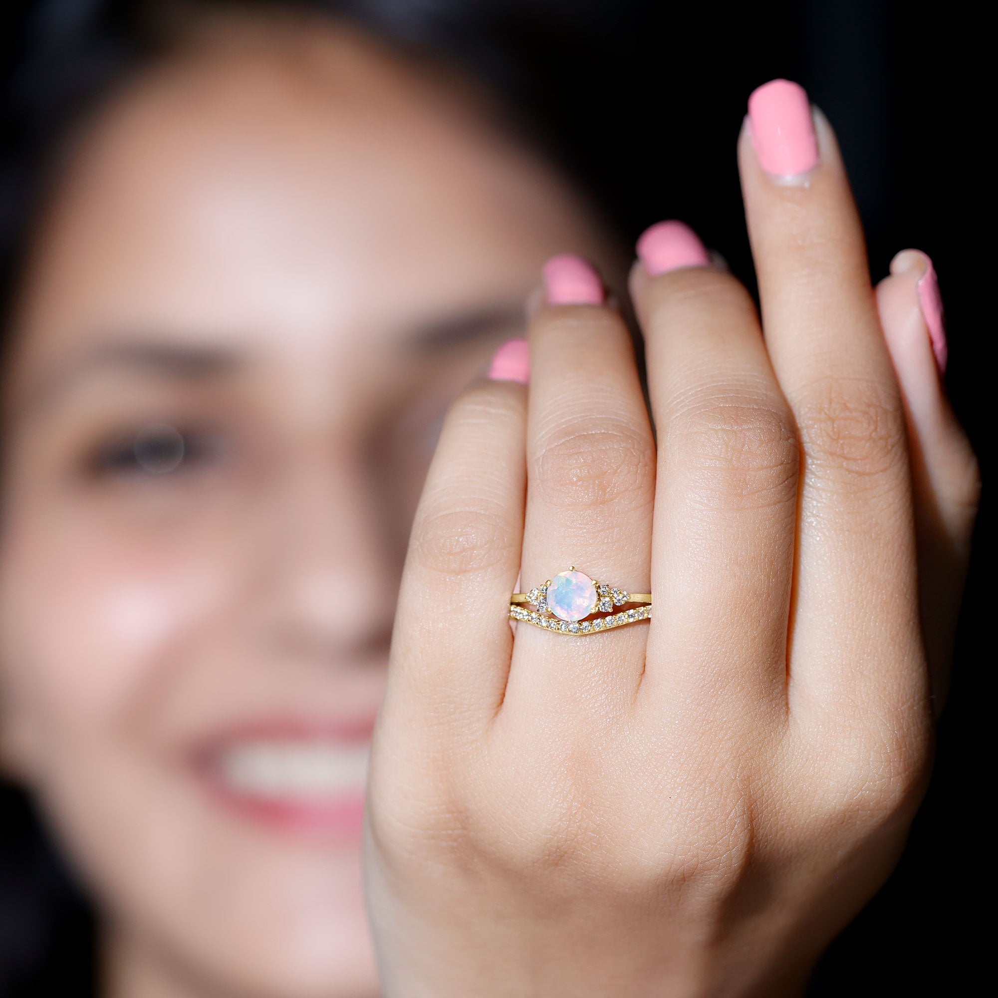 Natural Ethiopian Opal Diamond Wedding Bridal Ring Set of 2