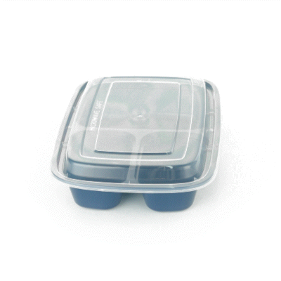 Asporto 26 oz Midnight Blue Plastic 3 Compartment Food Container - with Clear Lid, Microwavable - 8 3/4" x 6" x 1 3/4" - 100 count box