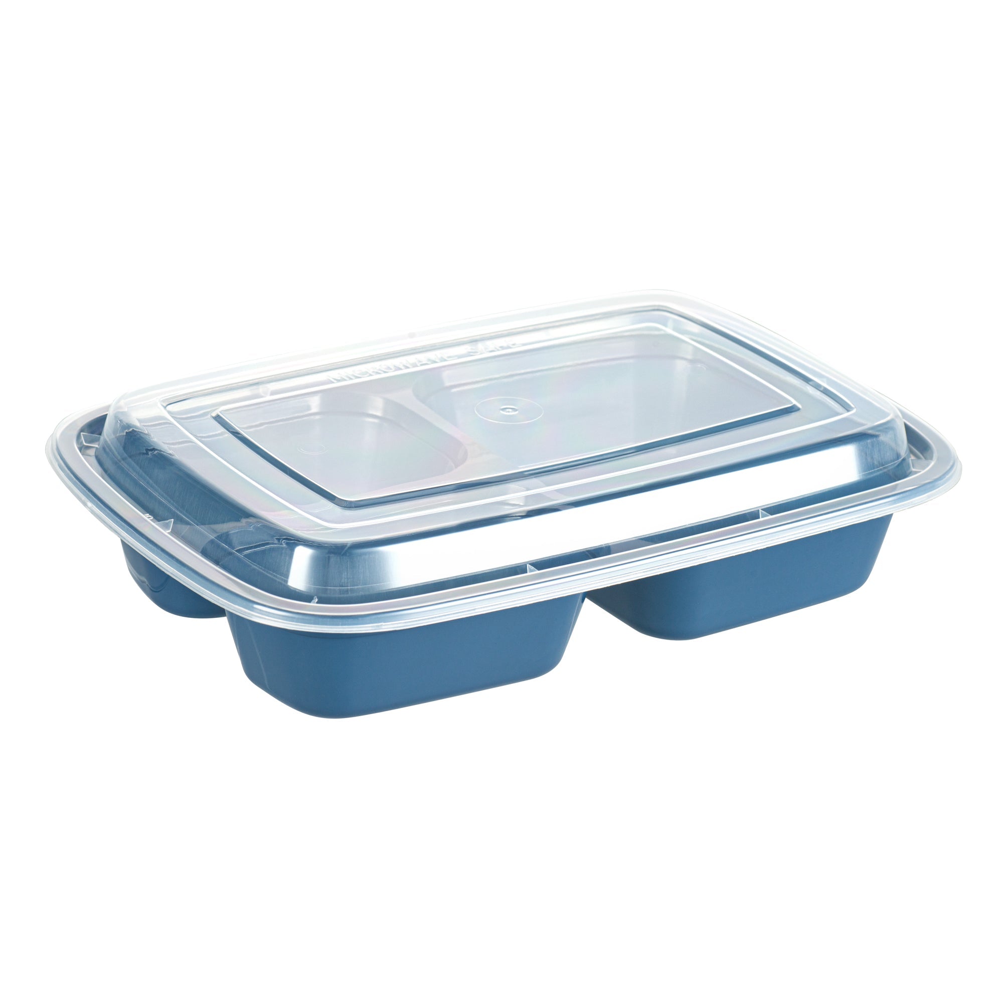 Asporto 26 oz Midnight Blue Plastic 3 Compartment Food Container - with Clear Lid, Microwavable - 8 3/4" x 6" x 1 3/4" - 100 count box