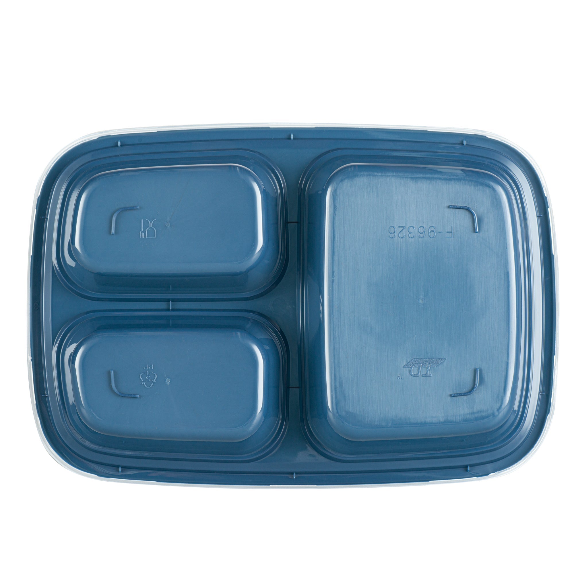 Asporto 26 oz Midnight Blue Plastic 3 Compartment Food Container - with Clear Lid, Microwavable - 8 3/4" x 6" x 1 3/4" - 100 count box