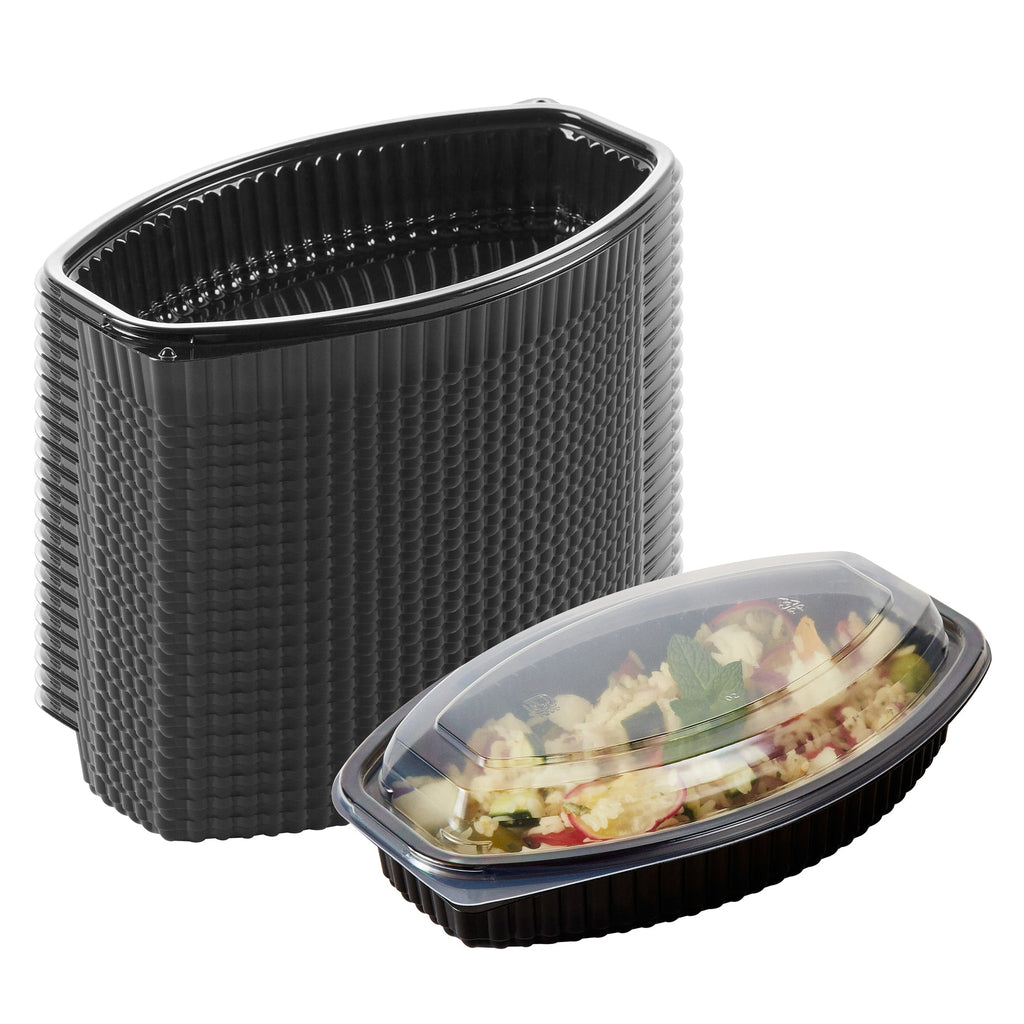 Chef 101 24 oz Oval Black Plastic Food Container - with Clear Lid, Microwavable - 9 1/4" x 5 3/4" x 2 1/2" - 100 count box