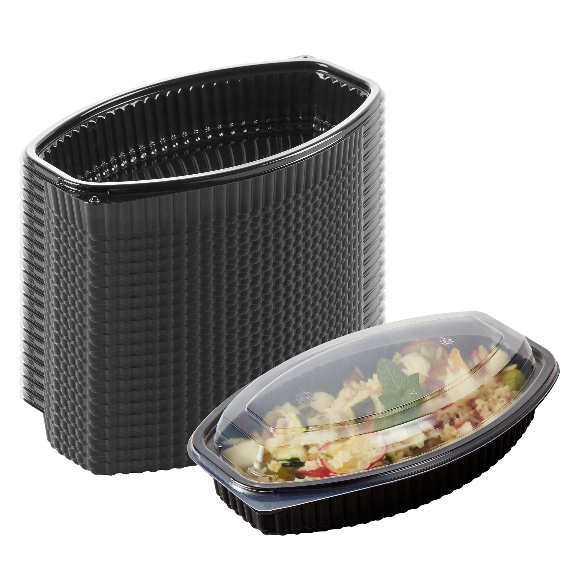 Chef 101 24 oz Oval Black Plastic Food Container - with Clear Lid, Microwavable - 9 1/4" x 5 3/4" x 2 1/2" - 100 count box