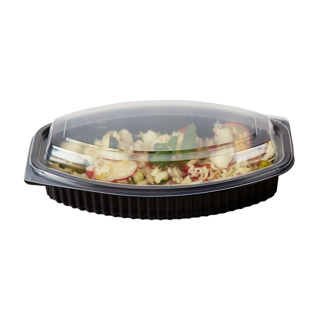 Chef 101 24 oz Oval Black Plastic Food Container - with Clear Lid, Microwavable - 9 1/4" x 5 3/4" x 2 1/2" - 100 count box