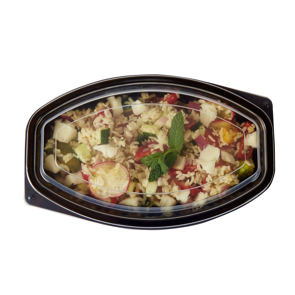 Chef 101 24 oz Oval Black Plastic Food Container - with Clear Lid, Microwavable - 9 1/4" x 5 3/4" x 2 1/2" - 100 count box