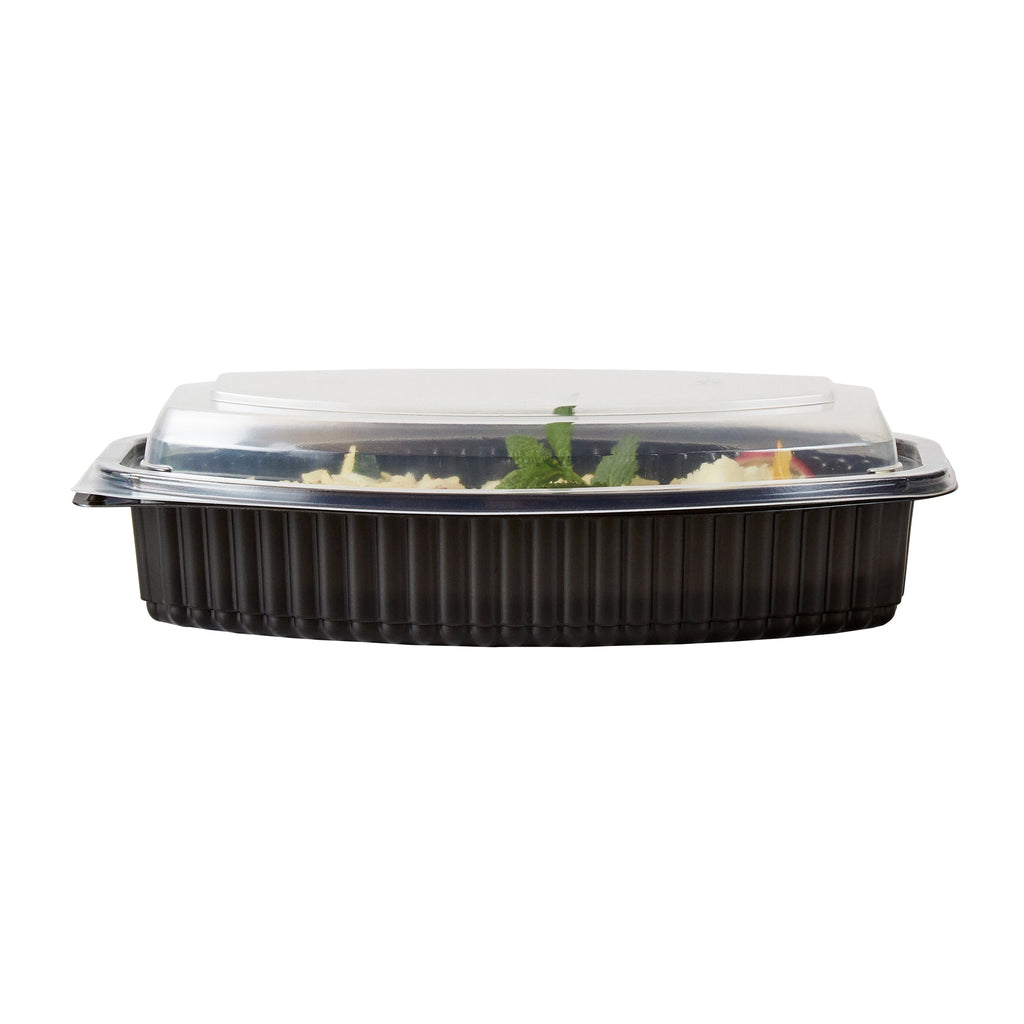 Chef 101 24 oz Oval Black Plastic Food Container - with Clear Lid, Microwavable - 9 1/4" x 5 3/4" x 2 1/2" - 100 count box