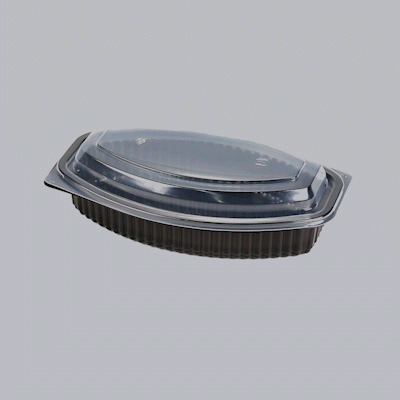 Chef 101 24 oz Oval Black Plastic Food Container - with Clear Lid, Microwavable - 9 1/4" x 5 3/4" x 2 1/2" - 100 count box