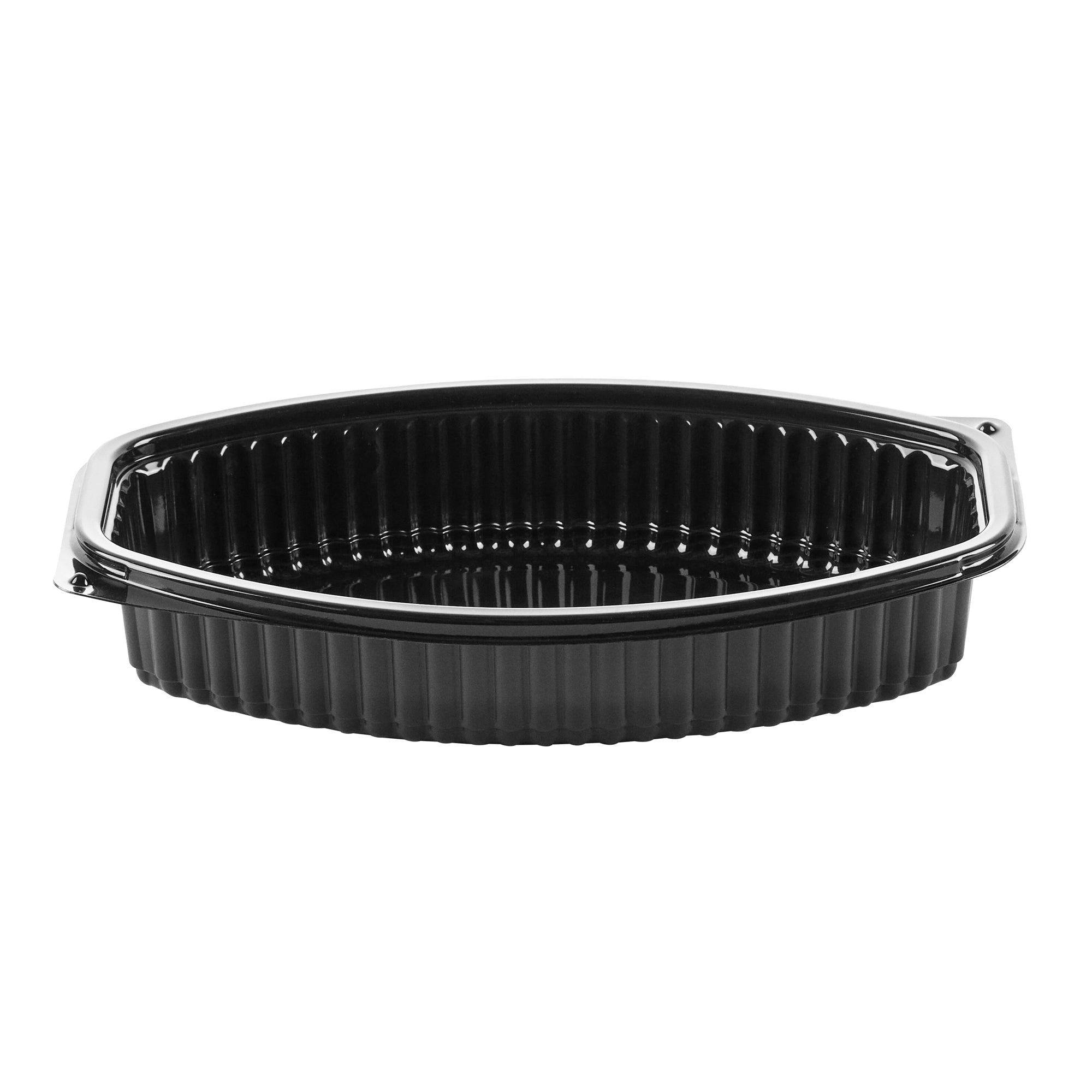 Chef 101 24 oz Oval Black Plastic Food Container - with Clear Lid, Microwavable - 9 1/4" x 5 3/4" x 2 1/2" - 100 count box