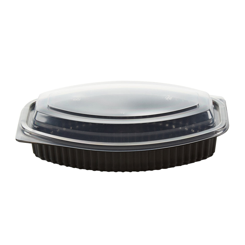 Chef 101 24 oz Oval Black Plastic Food Container - with Clear Lid, Microwavable - 9 1/4" x 5 3/4" x 2 1/2" - 100 count box