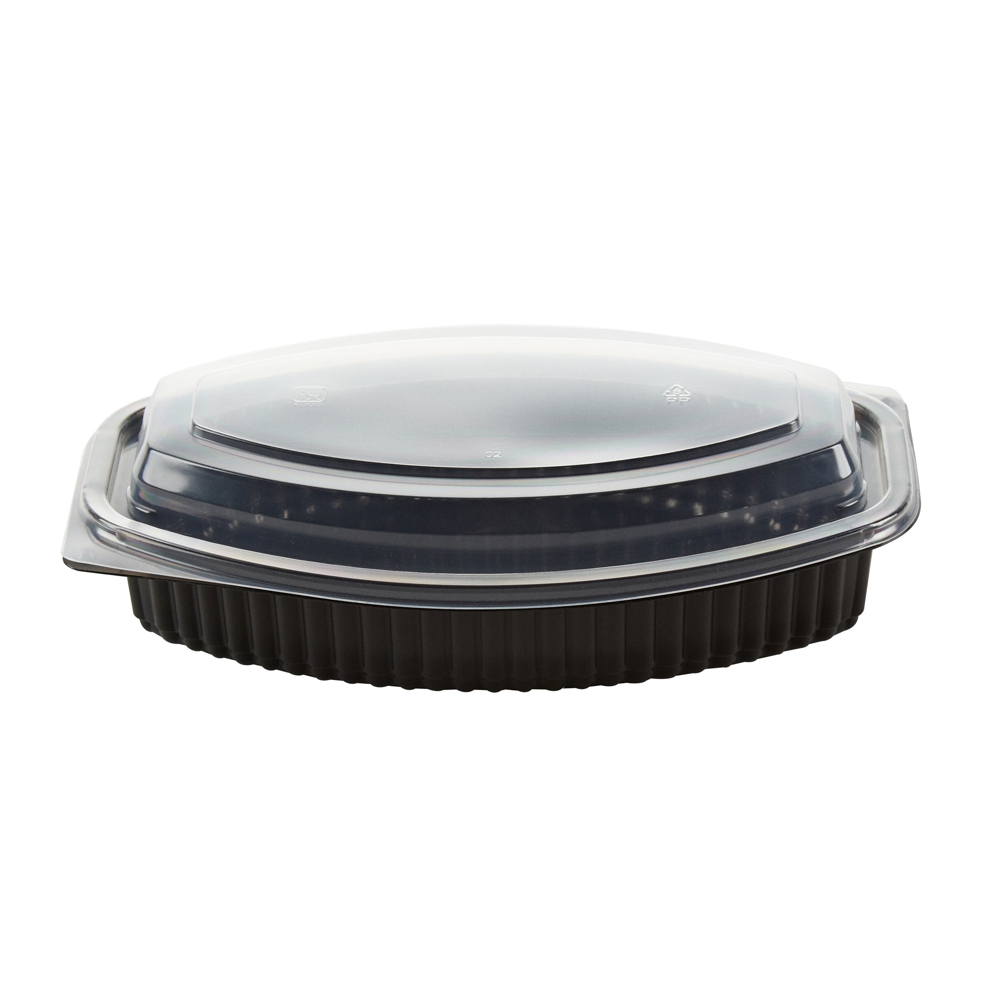 Chef 101 24 oz Oval Black Plastic Food Container - with Clear Lid, Microwavable - 9 1/4" x 5 3/4" x 2 1/2" - 100 count box