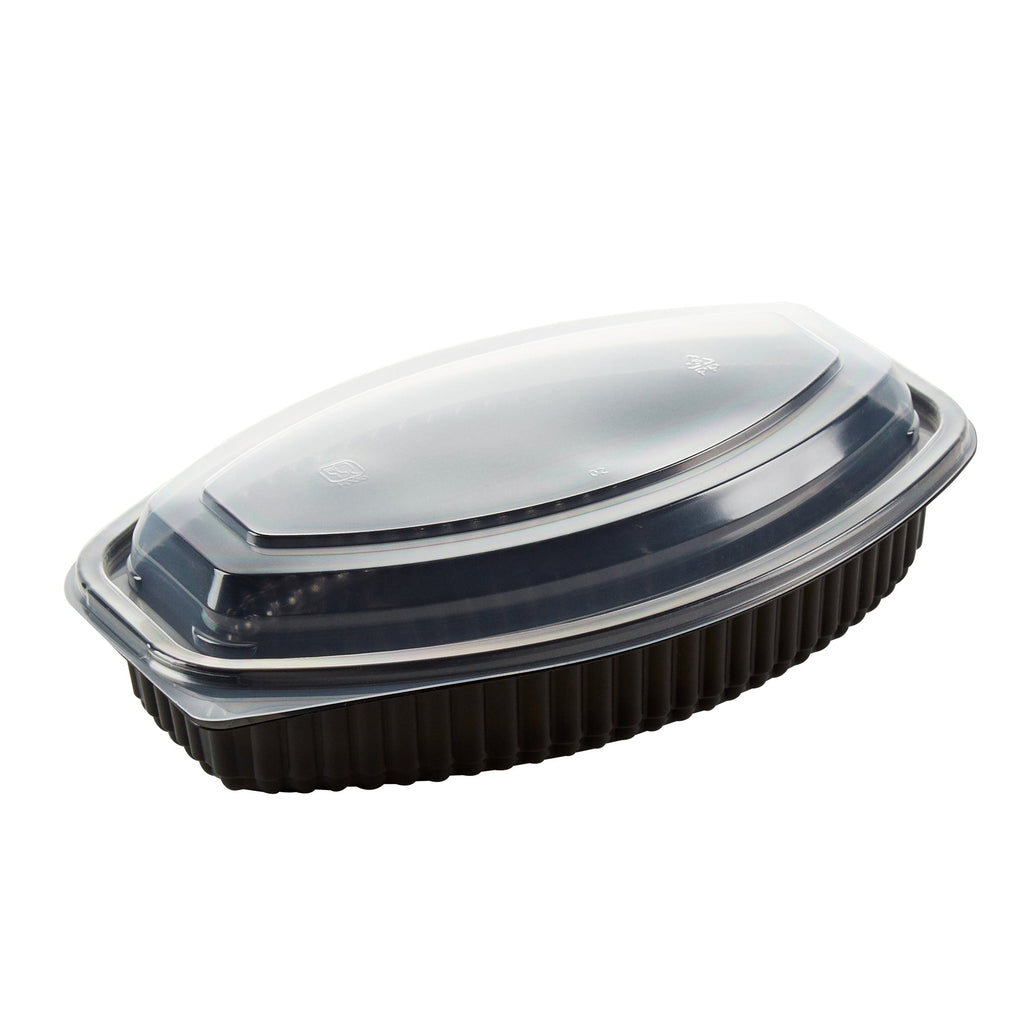 Chef 101 24 oz Oval Black Plastic Food Container - with Clear Lid, Microwavable - 9 1/4" x 5 3/4" x 2 1/2" - 100 count box