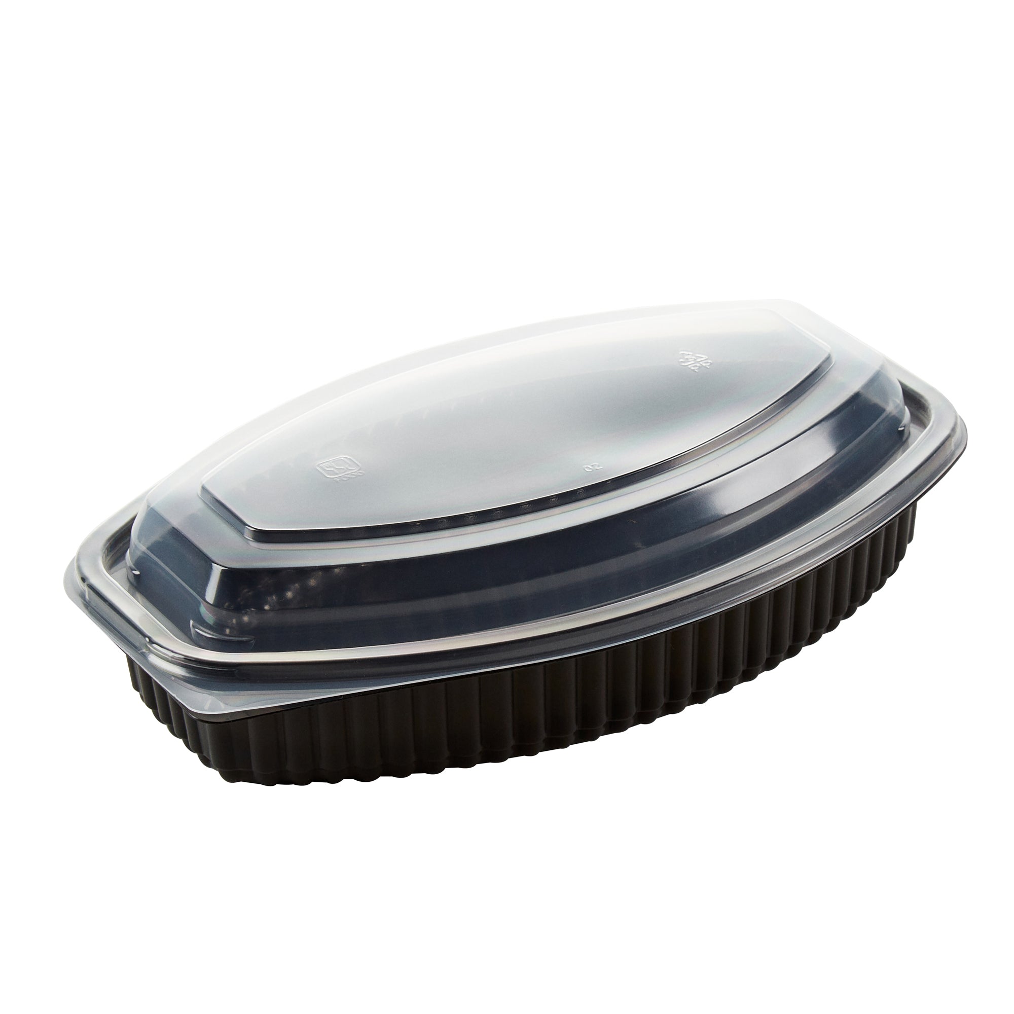 Chef 101 24 oz Oval Black Plastic Food Container - with Clear Lid, Microwavable - 9 1/4" x 5 3/4" x 2 1/2" - 100 count box