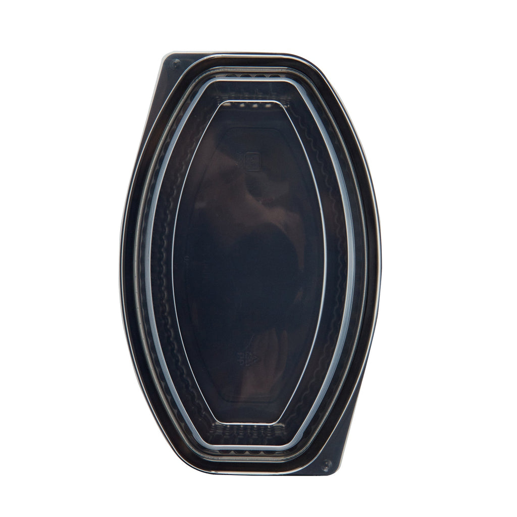 Chef 101 24 oz Oval Black Plastic Food Container - with Clear Lid, Microwavable - 9 1/4" x 5 3/4" x 2 1/2" - 100 count box