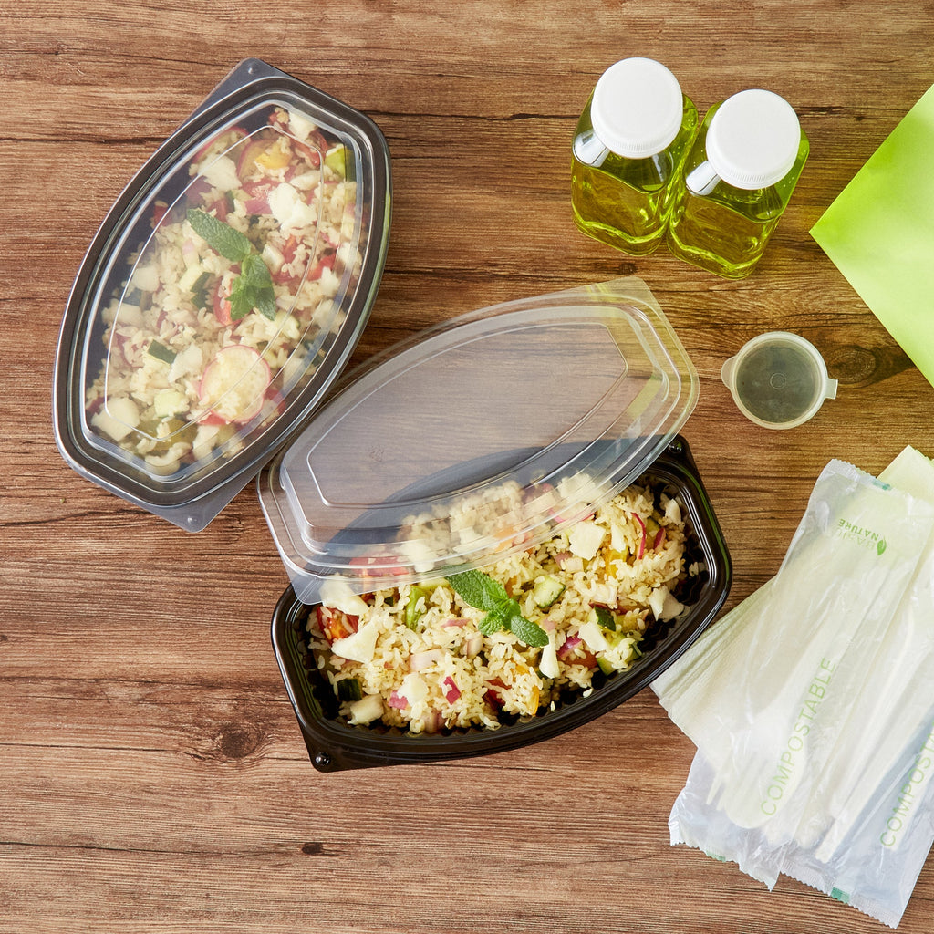 Chef 101 24 oz Oval Black Plastic Food Container - with Clear Lid, Microwavable - 9 1/4" x 5 3/4" x 2 1/2" - 100 count box
