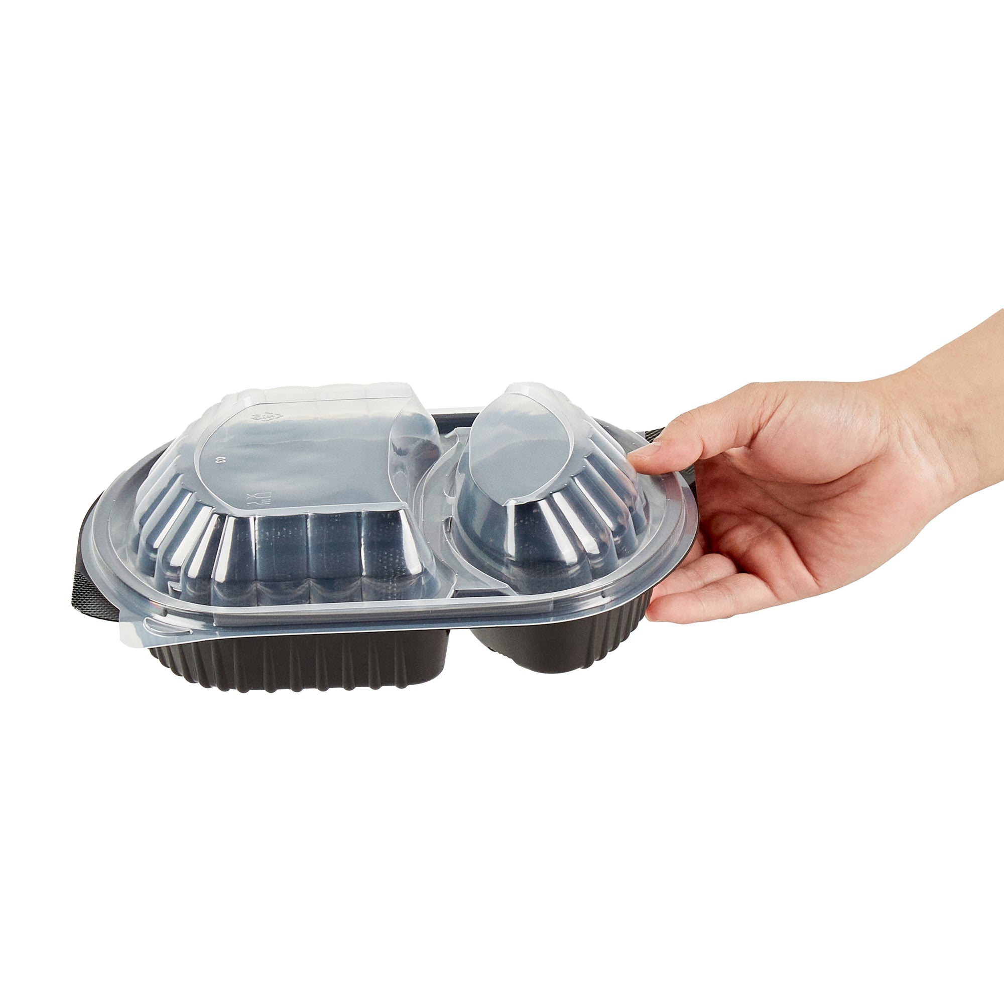 Chef 101 28 oz Oval Black Plastic Food Container - with Clear Lid, 2 Compartments, Microwavable - 9 1/2" x 8" x 2 3/4" - 50 count box