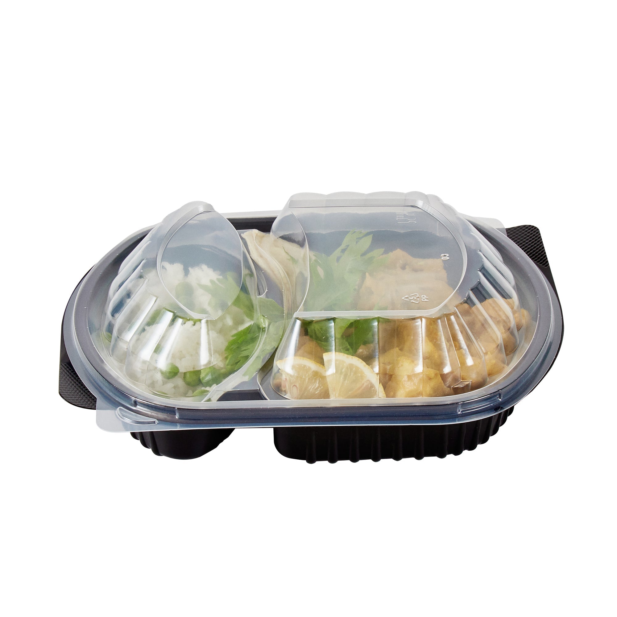 Chef 101 28 oz Oval Black Plastic Food Container - with Clear Lid, 2 Compartments, Microwavable - 9 1/2" x 8" x 2 3/4" - 50 count box