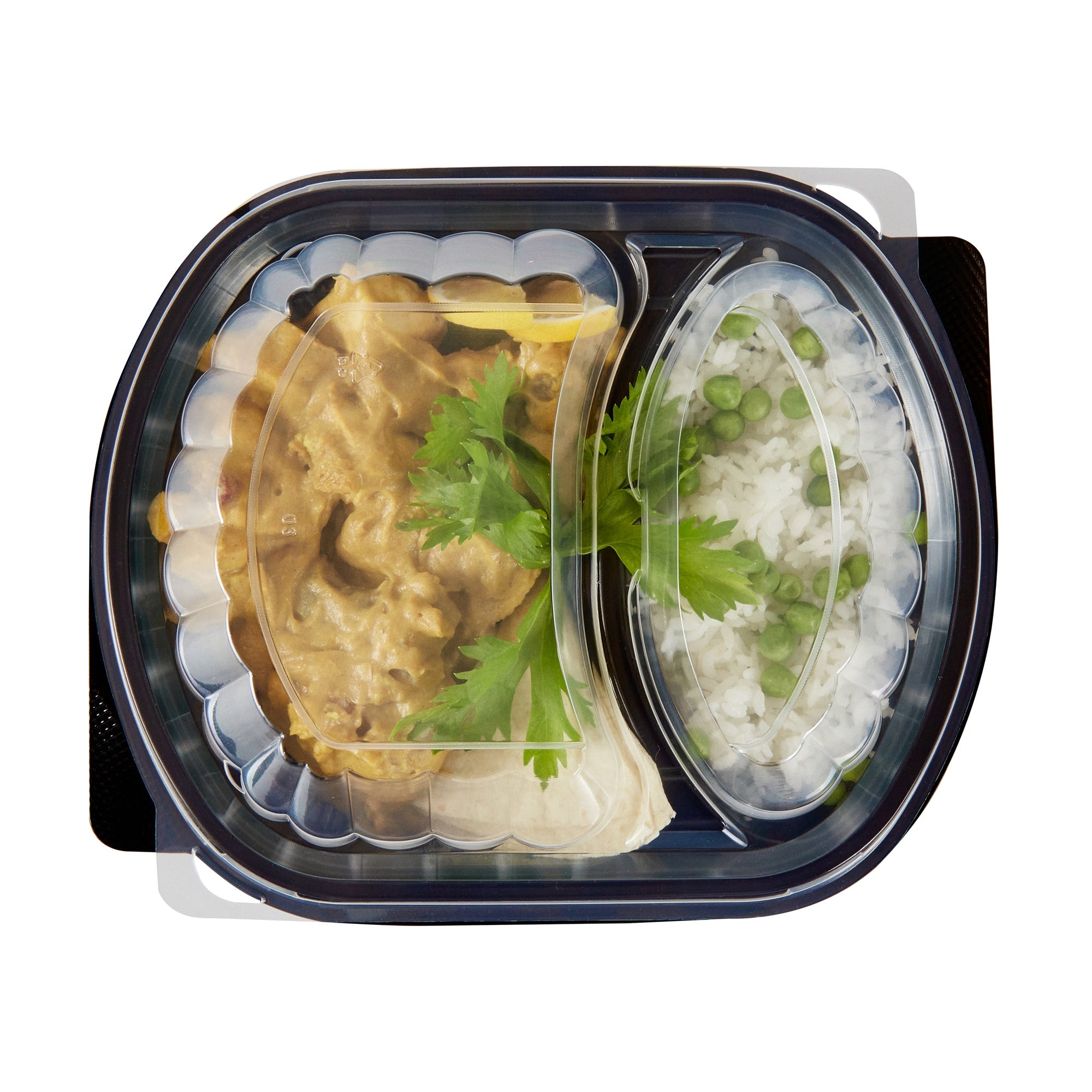Chef 101 28 oz Oval Black Plastic Food Container - with Clear Lid, 2 Compartments, Microwavable - 9 1/2" x 8" x 2 3/4" - 50 count box