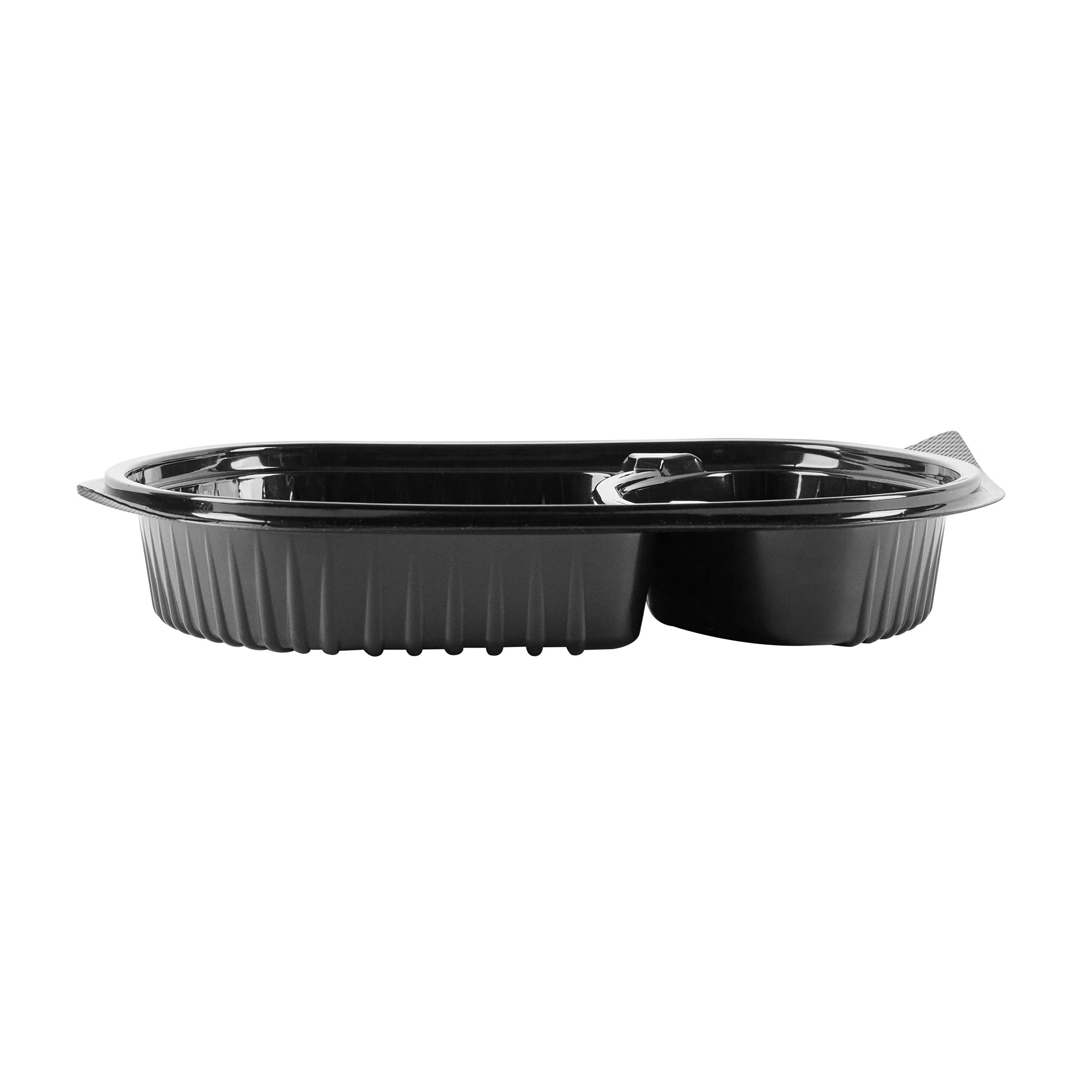 Chef 101 28 oz Oval Black Plastic Food Container - with Clear Lid, 2 Compartments, Microwavable - 9 1/2" x 8" x 2 3/4" - 50 count box