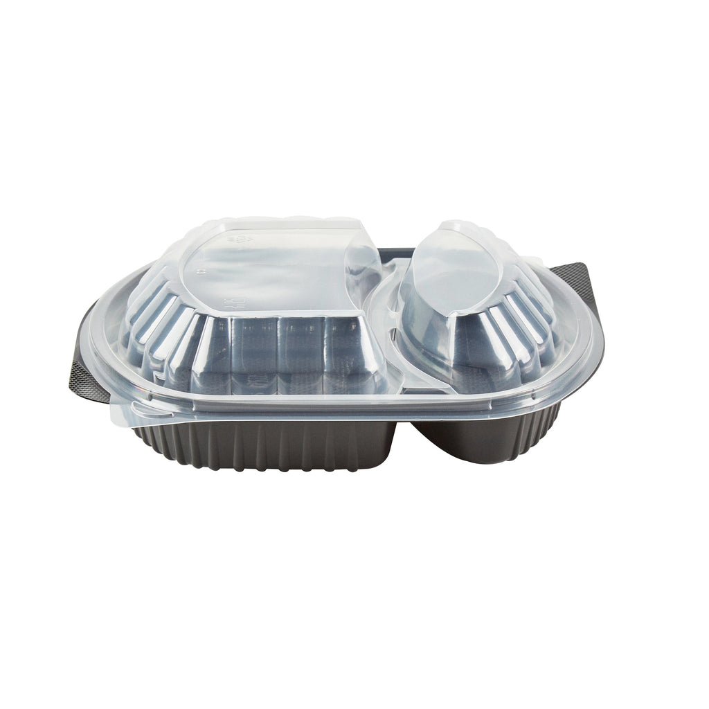 Chef 101 28 oz Oval Black Plastic Food Container - with Clear Lid, 2 Compartments, Microwavable - 9 1/2" x 8" x 2 3/4" - 50 count box