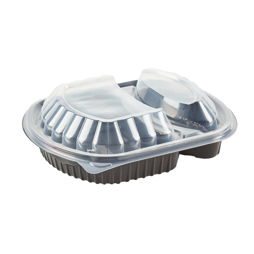 Chef 101 28 oz Oval Black Plastic Food Container - with Clear Lid, 2 Compartments, Microwavable - 9 1/2" x 8" x 2 3/4" - 50 count box
