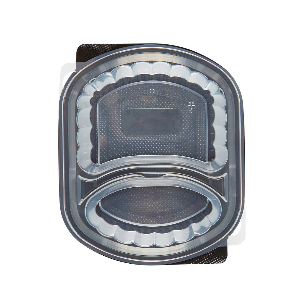Chef 101 28 oz Oval Black Plastic Food Container - with Clear Lid, 2 Compartments, Microwavable - 9 1/2" x 8" x 2 3/4" - 50 count box