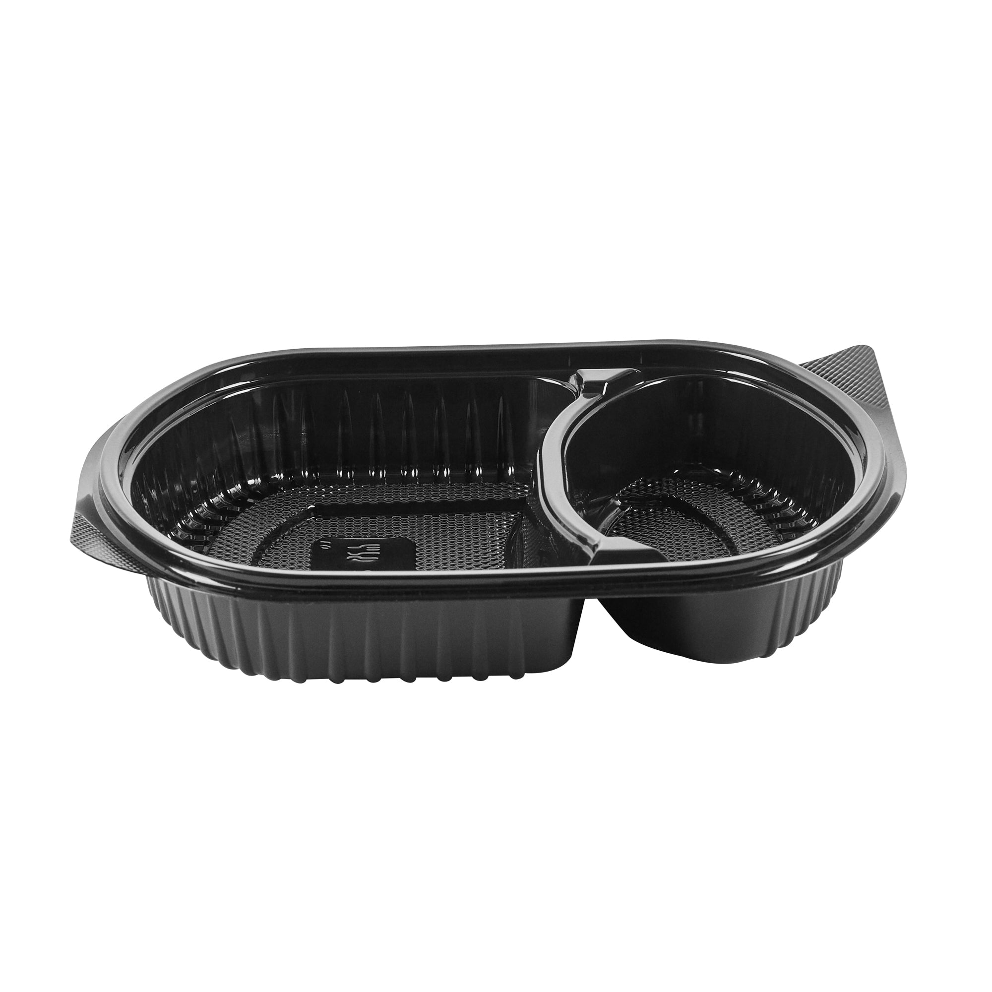 Chef 101 28 oz Oval Black Plastic Food Container - with Clear Lid, 2 Compartments, Microwavable - 9 1/2" x 8" x 2 3/4" - 50 count box