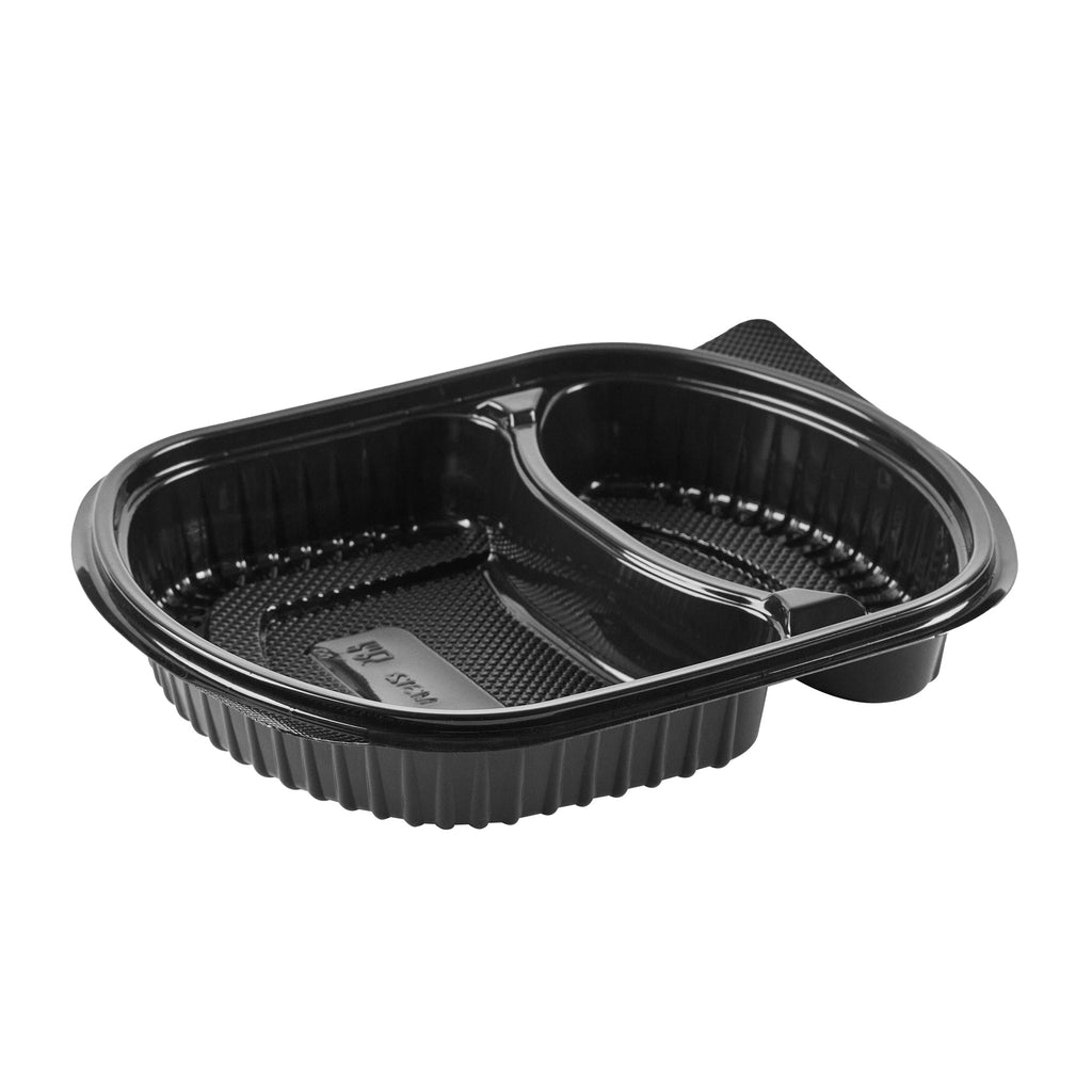 Chef 101 28 oz Oval Black Plastic Food Container - with Clear Lid, 2 Compartments, Microwavable - 9 1/2" x 8" x 2 3/4" - 50 count box