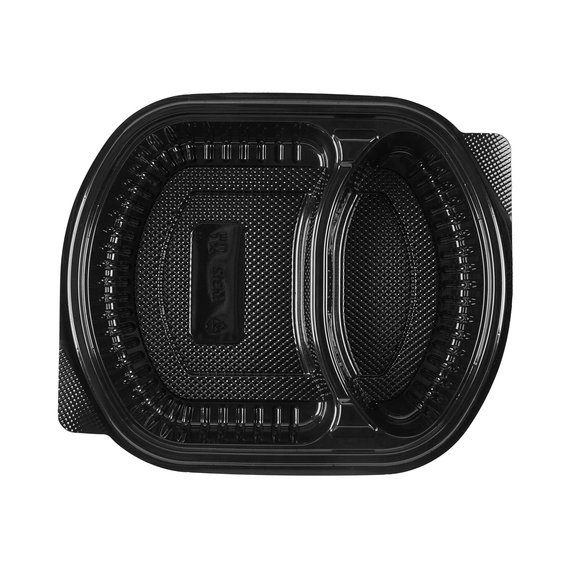 Chef 101 28 oz Oval Black Plastic Food Container - with Clear Lid, 2 Compartments, Microwavable - 9 1/2" x 8" x 2 3/4" - 50 count box