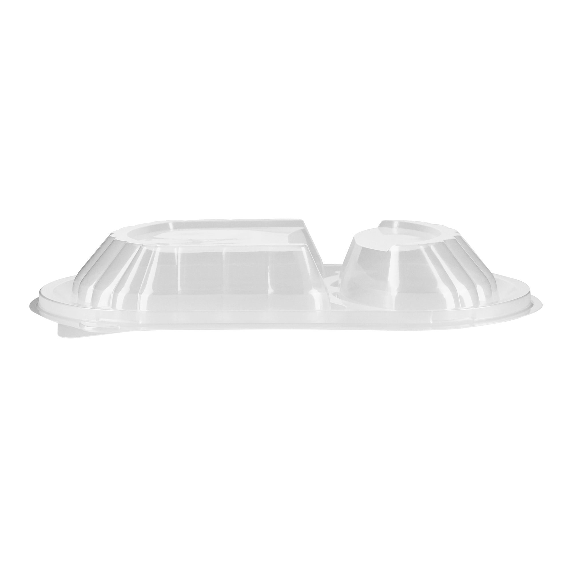 Chef 101 28 oz Oval Black Plastic Food Container - with Clear Lid, 2 Compartments, Microwavable - 9 1/2" x 8" x 2 3/4" - 50 count box