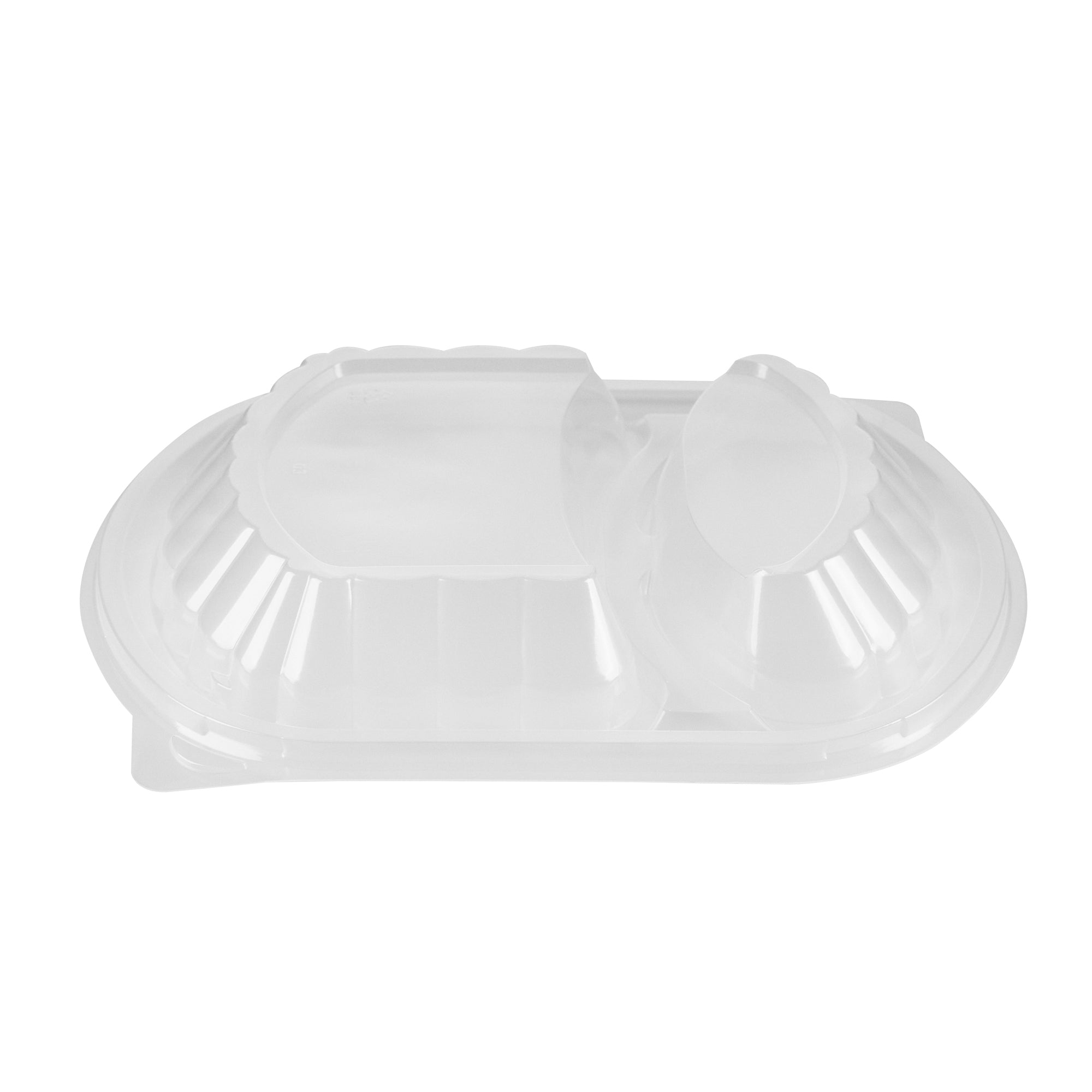 Chef 101 28 oz Oval Black Plastic Food Container - with Clear Lid, 2 Compartments, Microwavable - 9 1/2" x 8" x 2 3/4" - 50 count box