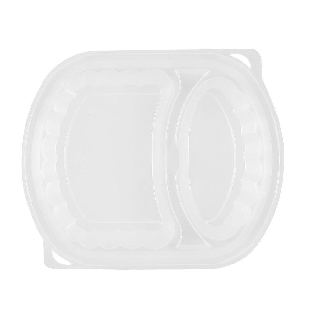 Chef 101 28 oz Oval Black Plastic Food Container - with Clear Lid, 2 Compartments, Microwavable - 9 1/2" x 8" x 2 3/4" - 50 count box