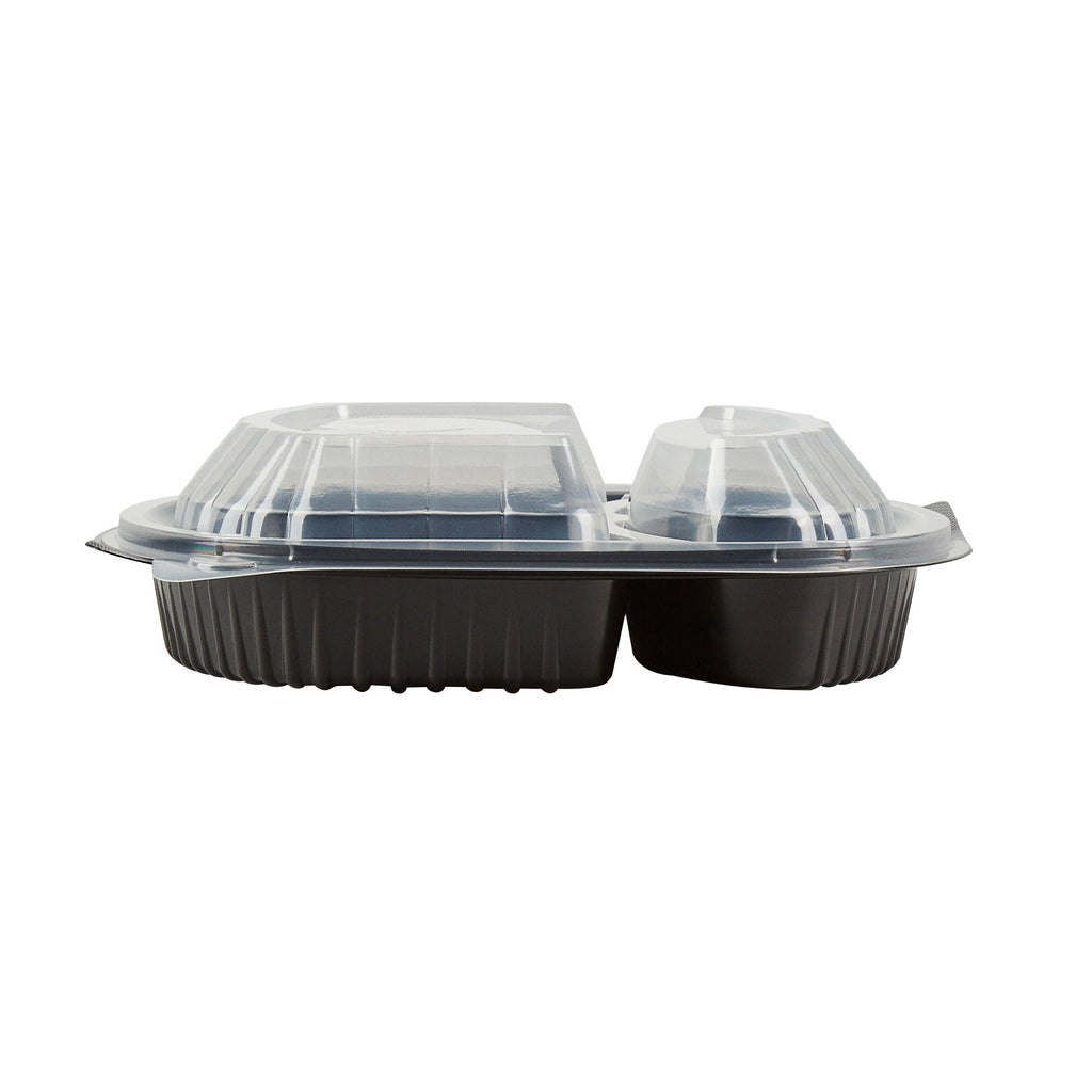 Chef 101 28 oz Oval Black Plastic Food Container - with Clear Lid, 2 Compartments, Microwavable - 9 1/2" x 8" x 2 3/4" - 50 count box