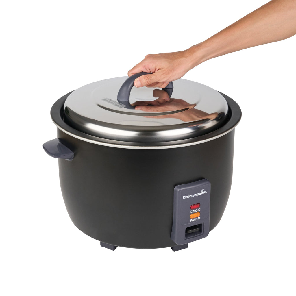 Kitchen Tek 60 Cup (30 Cup Raw) Black Steel Electric Rice Cooker / Warmer - with Removable Lid, 110-120V, 1650W - 1 count box