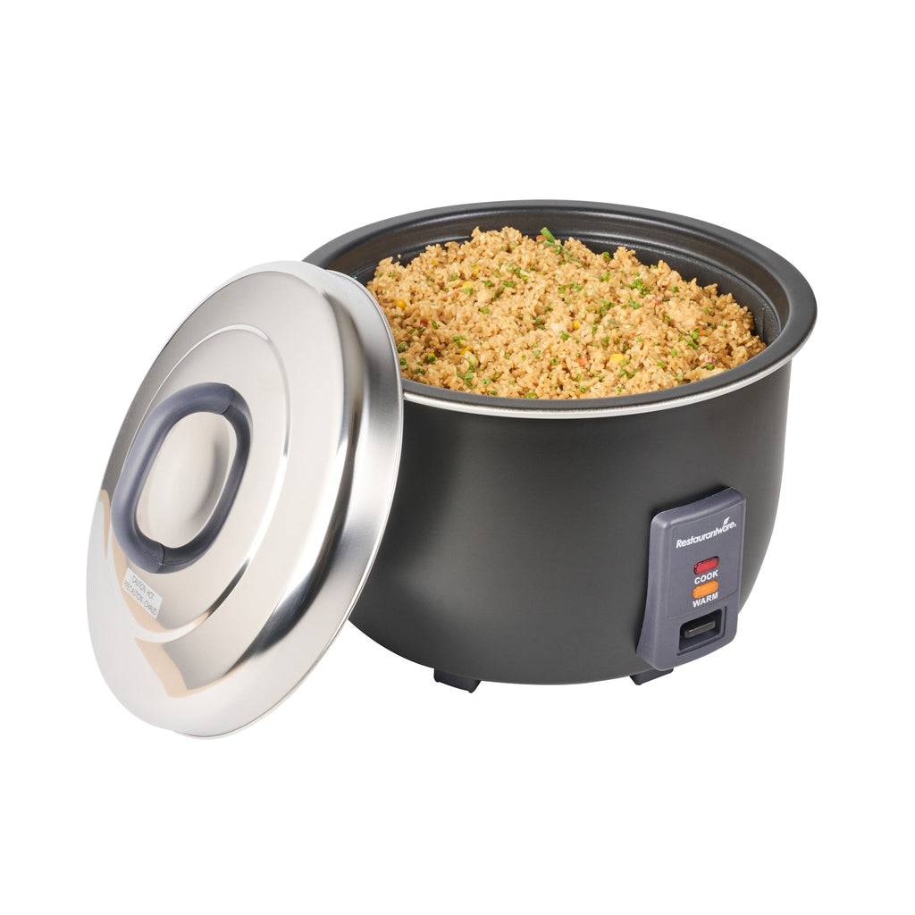 Kitchen Tek 60 Cup (30 Cup Raw) Black Steel Electric Rice Cooker / Warmer - with Removable Lid, 110-120V, 1650W - 1 count box