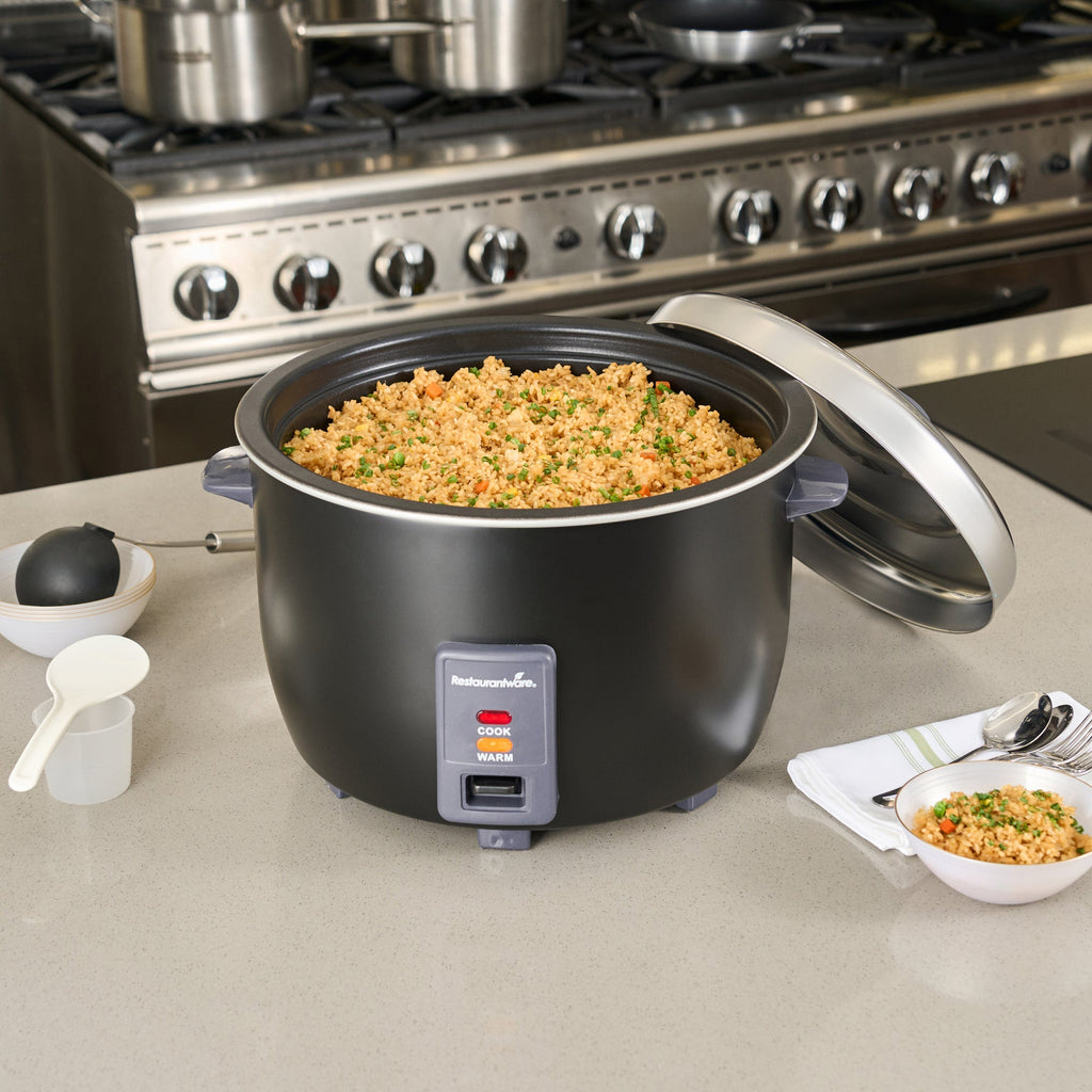 Kitchen Tek 60 Cup (30 Cup Raw) Black Steel Electric Rice Cooker / Warmer - with Removable Lid, 110-120V, 1650W - 1 count box