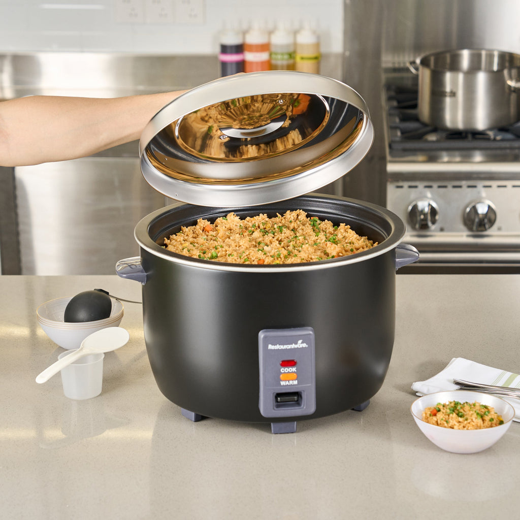 Kitchen Tek 60 Cup (30 Cup Raw) Black Steel Electric Rice Cooker / Warmer - with Removable Lid, 110-120V, 1650W - 1 count box