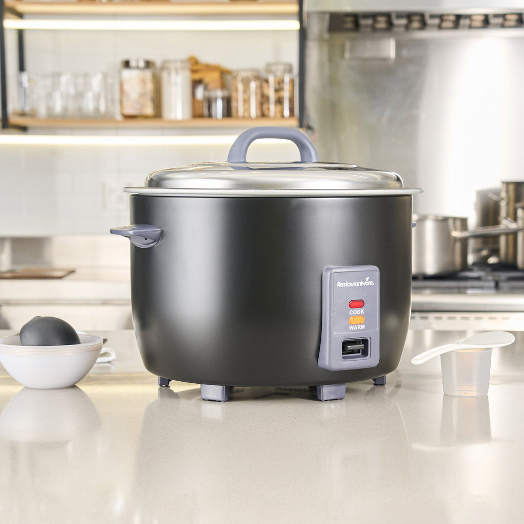 Kitchen Tek 60 Cup (30 Cup Raw) Black Steel Electric Rice Cooker / Warmer - with Removable Lid, 110-120V, 1650W - 1 count box