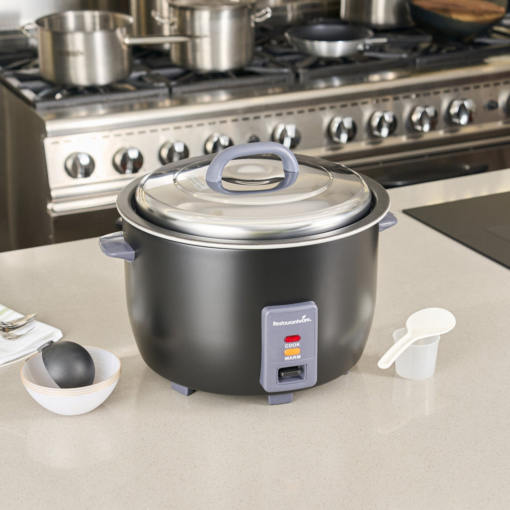 Kitchen Tek 60 Cup (30 Cup Raw) Black Steel Electric Rice Cooker / Warmer - with Removable Lid, 110-120V, 1650W - 1 count box