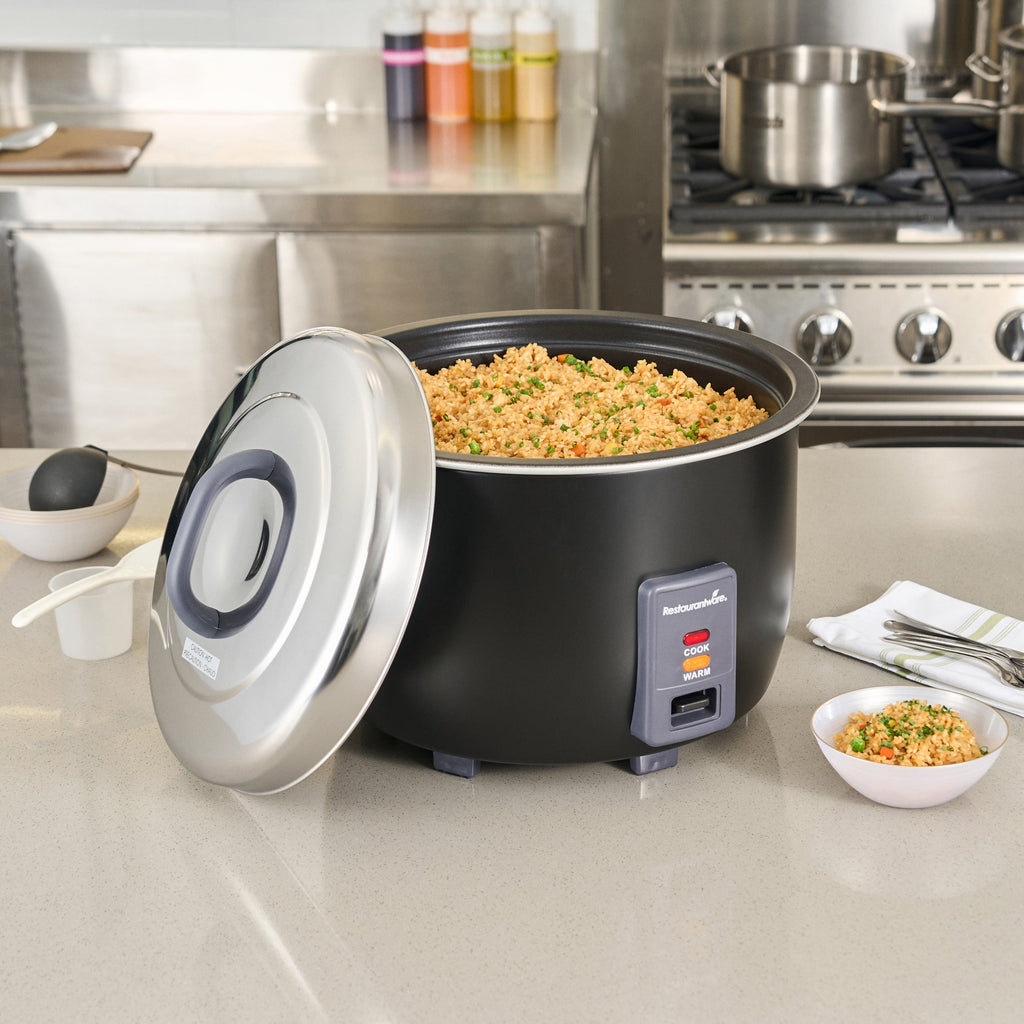 Kitchen Tek 60 Cup (30 Cup Raw) Black Steel Electric Rice Cooker / Warmer - with Removable Lid, 110-120V, 1650W - 1 count box