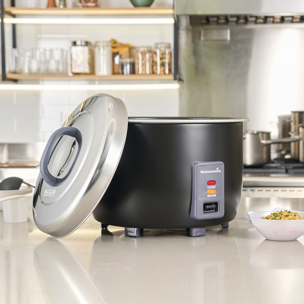 Kitchen Tek 60 Cup (30 Cup Raw) Black Steel Electric Rice Cooker / Warmer - with Removable Lid, 110-120V, 1650W - 1 count box