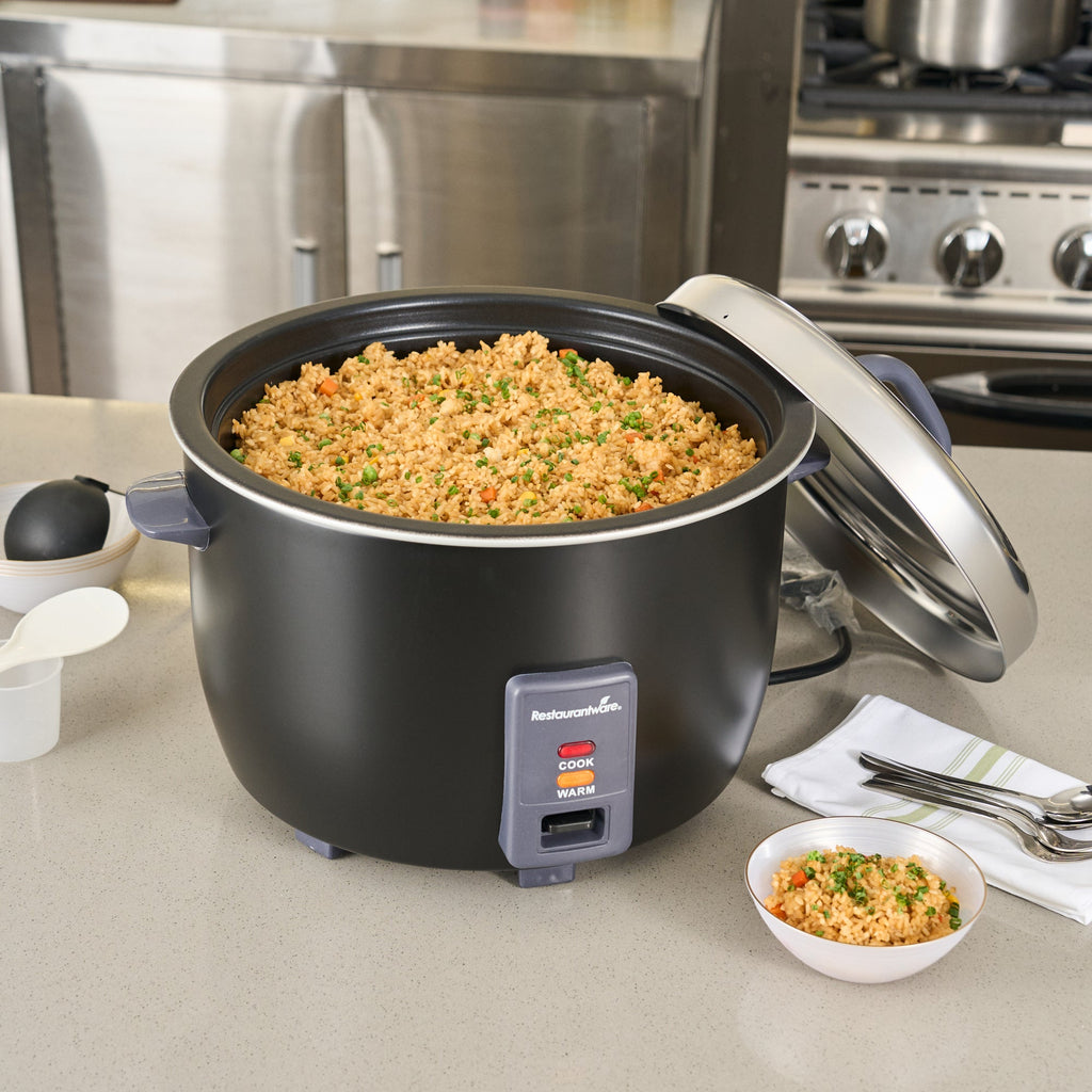 Kitchen Tek 60 Cup (30 Cup Raw) Black Steel Electric Rice Cooker / Warmer - with Removable Lid, 110-120V, 1650W - 1 count box