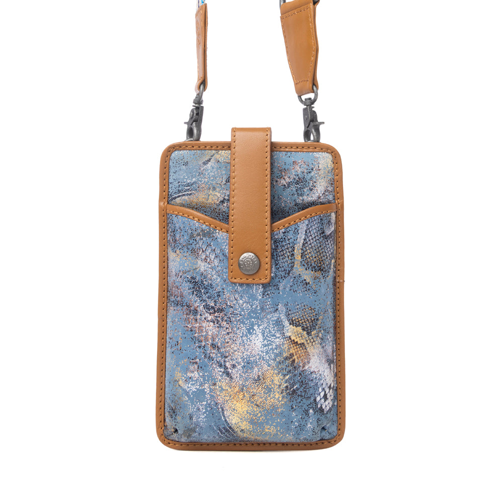 Myra Cedar Snake Print Leather Cell Phone Holder in Turquoise Sand