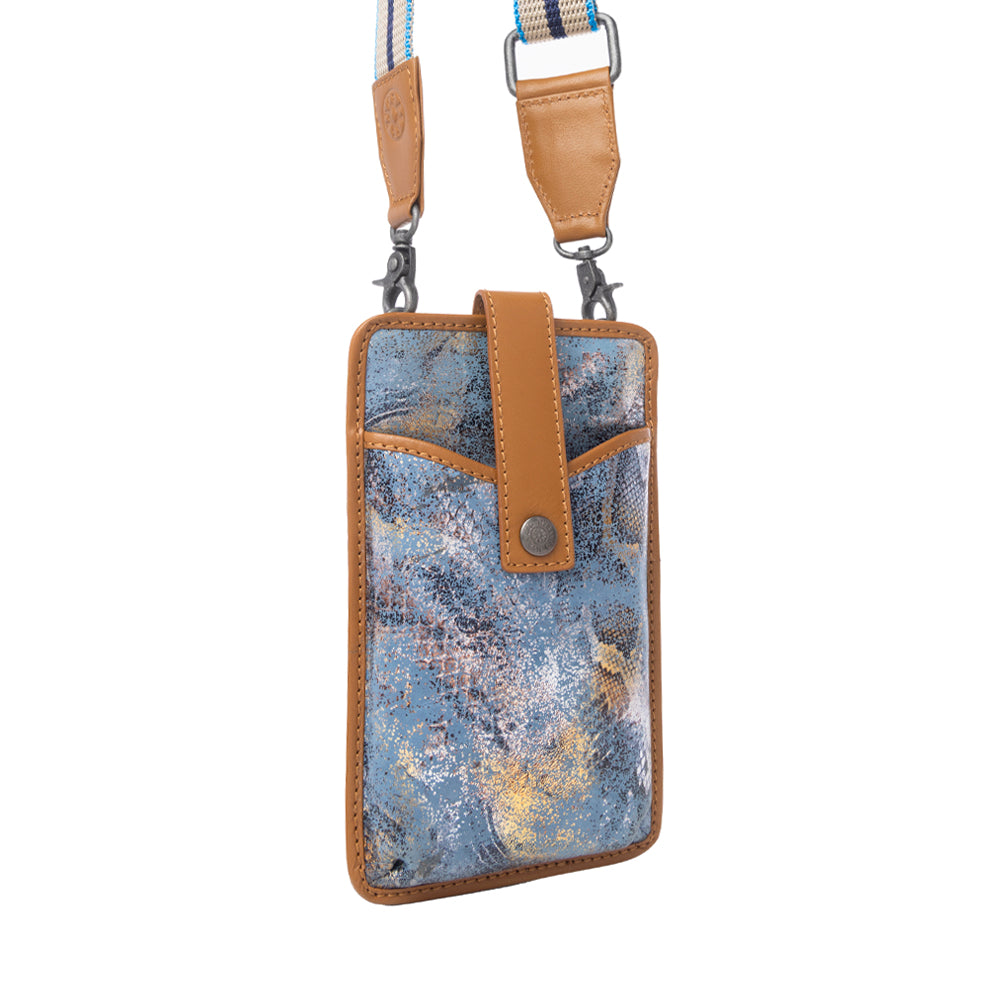 Myra Cedar Snake Print Leather Cell Phone Holder in Turquoise Sand