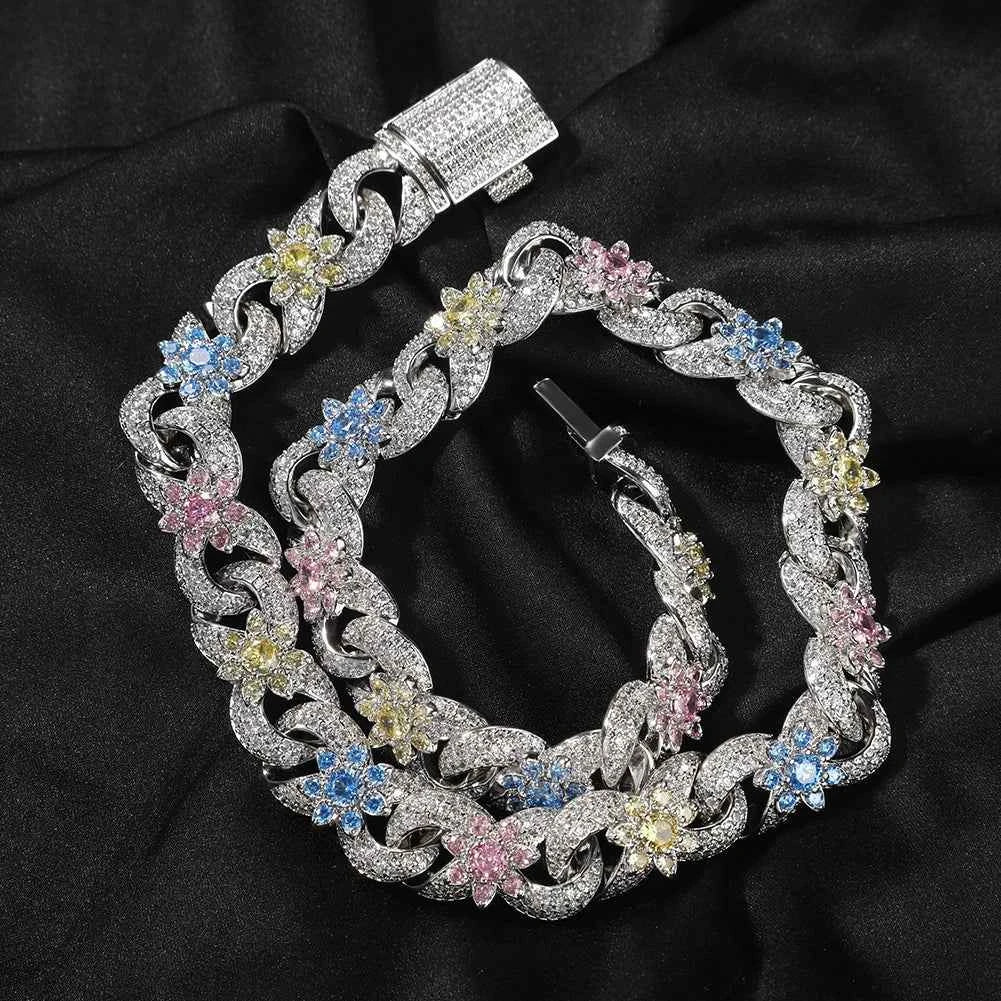 Colorful Flowers Cuban Chain Necklaces Bracelets