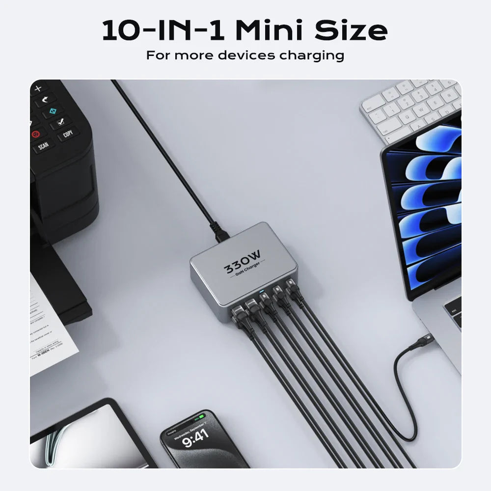 330W GaN 10-Port USB-C/USB-A Fast Charging Station 100W PD3.0 PPS QC3.0 Multiport Charger for Laptops, Smartphones & Tablets