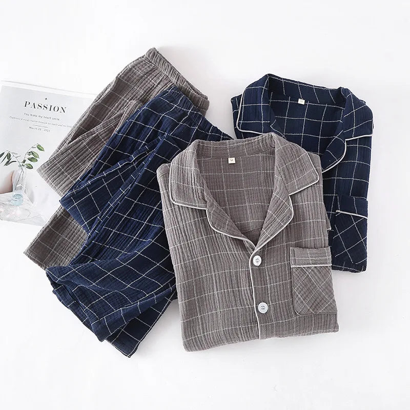 100% Cotton Summer Men Pajamas Japanese style  2 Piece Sleepwear