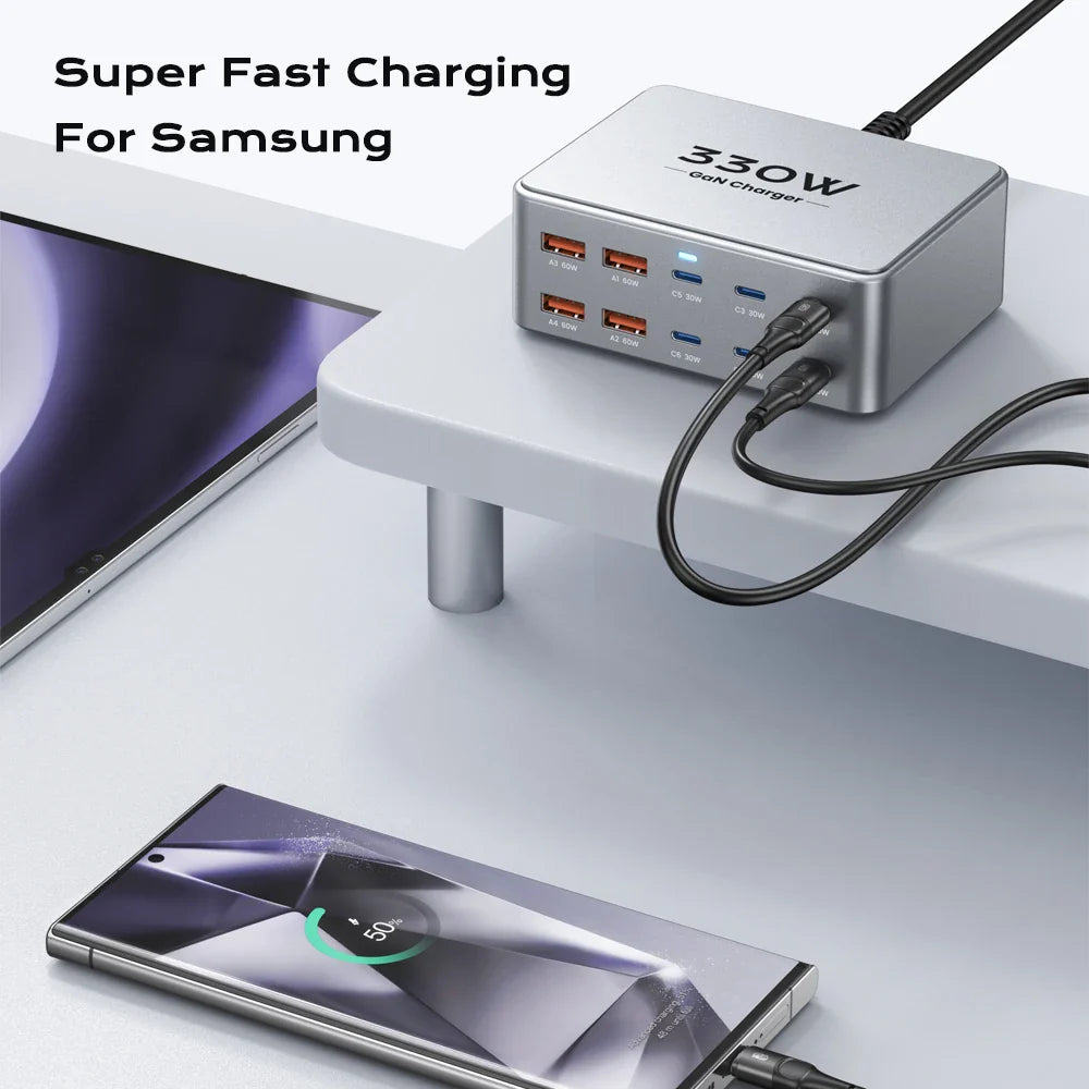 330W GaN 10-Port USB-C/USB-A Fast Charging Station 100W PD3.0 PPS QC3.0 Multiport Charger for Laptops, Smartphones & Tablets